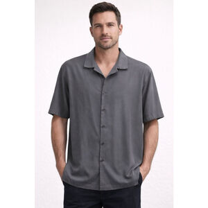 Via Europa Men’s XXL Gray Short Sleeve Button Up Shirt Casual Camp Collar